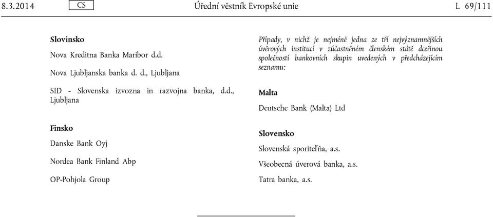 Finland Abp OP-Pohjola Group Případy, v nichž je nejméně jedna ze tří nejvýznamnějších úvěrových institucí v zúčastněném členském státě