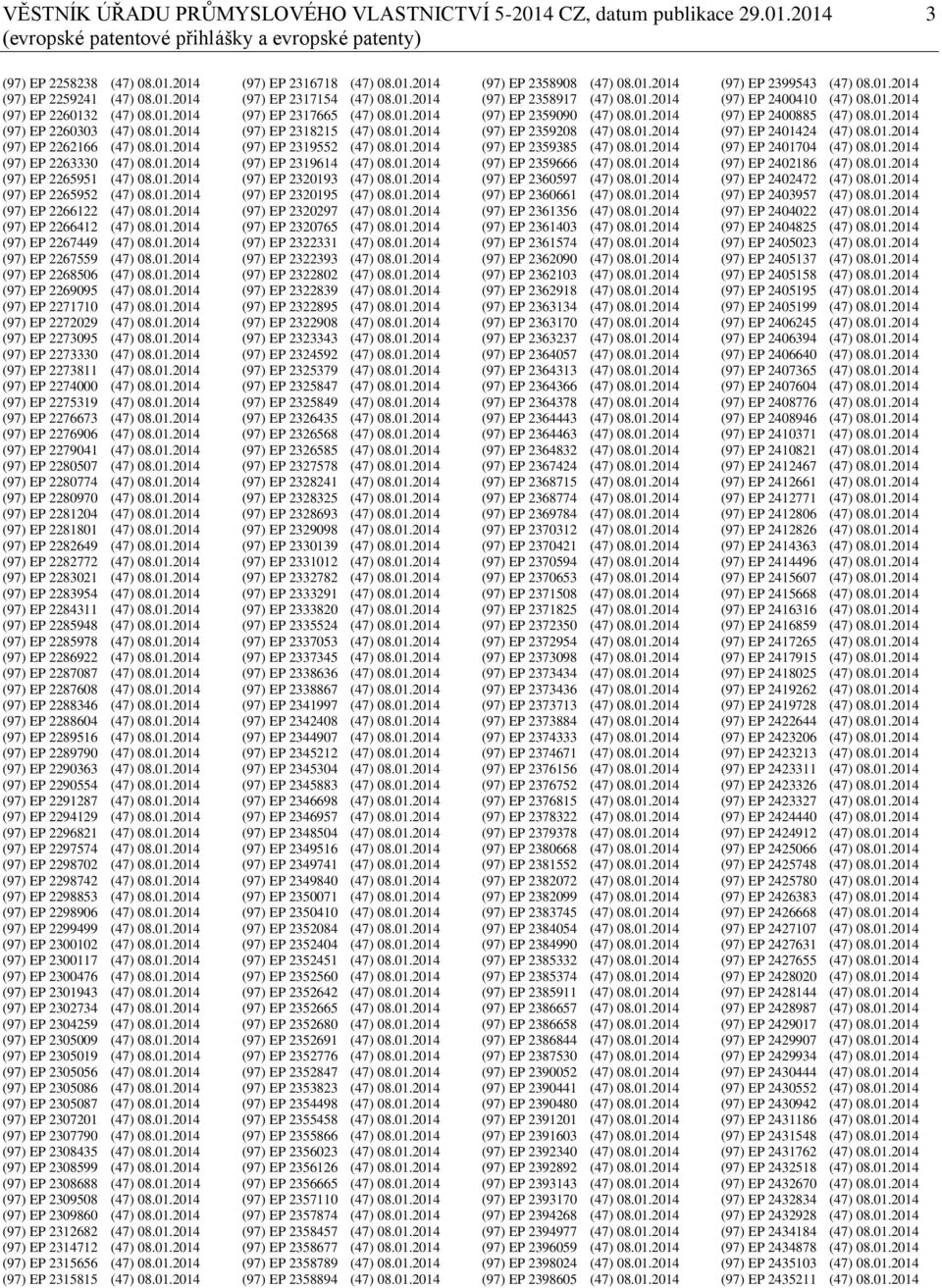 01.2014 (97) EP 2267449 (47) 08.01.2014 (97) EP 2267559 (47) 08.01.2014 (97) EP 2268506 (47) 08.01.2014 (97) EP 2269095 (47) 08.01.2014 (97) EP 2271710 (47) 08.01.2014 (97) EP 2272029 (47) 08.01.2014 (97) EP 2273095 (47) 08.