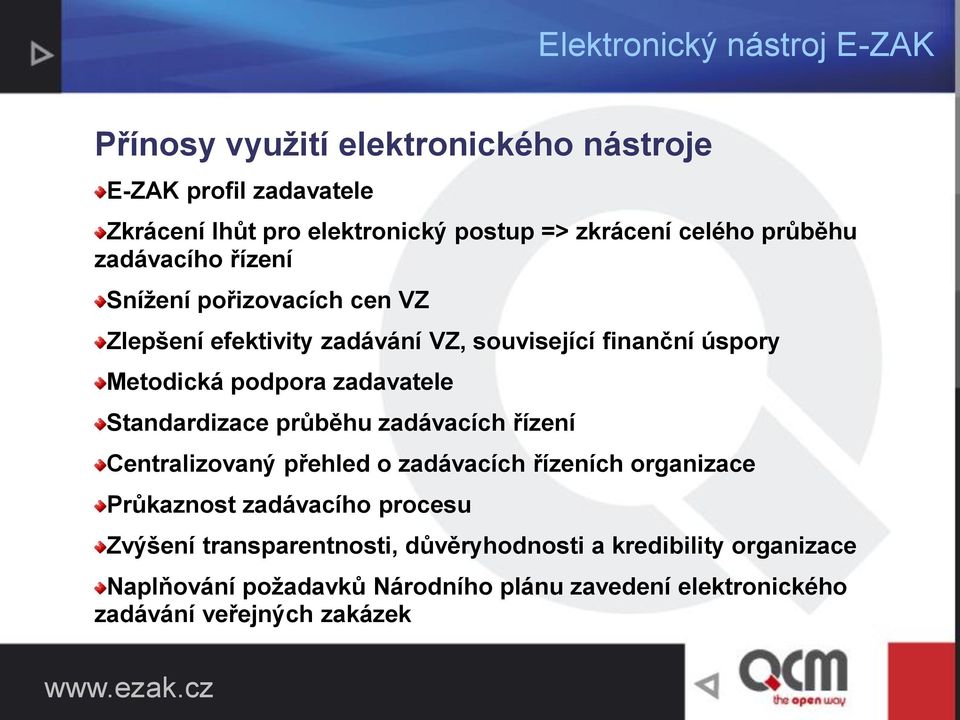 zadavatele Standardizace průběhu zadávacích řízení Centralizovaný přehled o zadávacích řízeních organizace Průkaznost zadávacího procesu Zvýšení