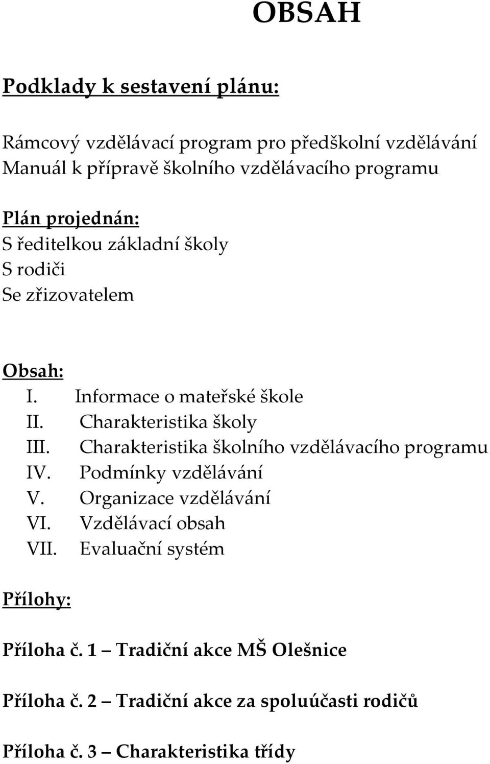 Charakteristika šklníh vzdělávacíh prgramu IV. Pdmínky vzdělávání V. Organizace vzdělávání VI. Vzdělávací bsah VII.