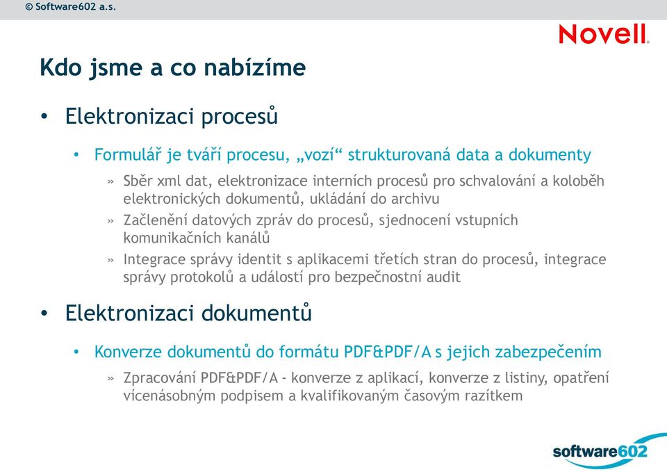 správy identit s aplikacemi třetích stran do procesů, integrace správy protokolů a událostí pro bezpečnostní audit Elektronizaci dokumentů Konverze dokumentů do