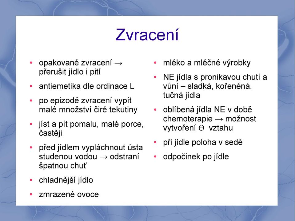 špatnou chuť mléko a mléčné výrobky NE jídla s pronikavou chutí a vůní sladká, kořeněná, tučná jídla oblíbená jídla