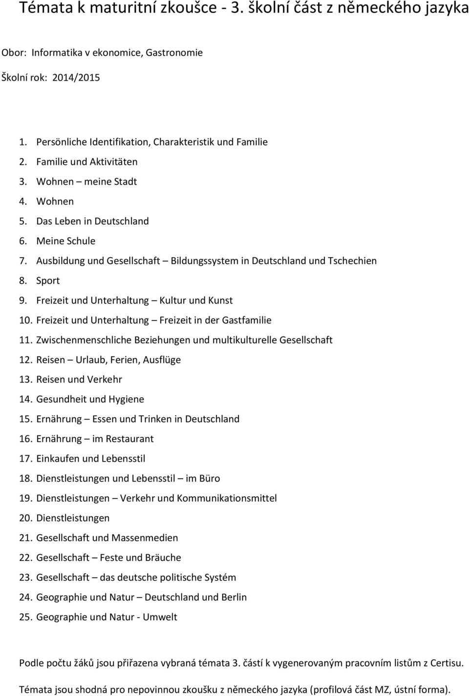 Freizeit und Unterhaltung Kultur und Kunst 10. Freizeit und Unterhaltung Freizeit in der Gastfamilie 11. Zwischenmenschliche Beziehungen und multikulturelle Gesellschaft 12.