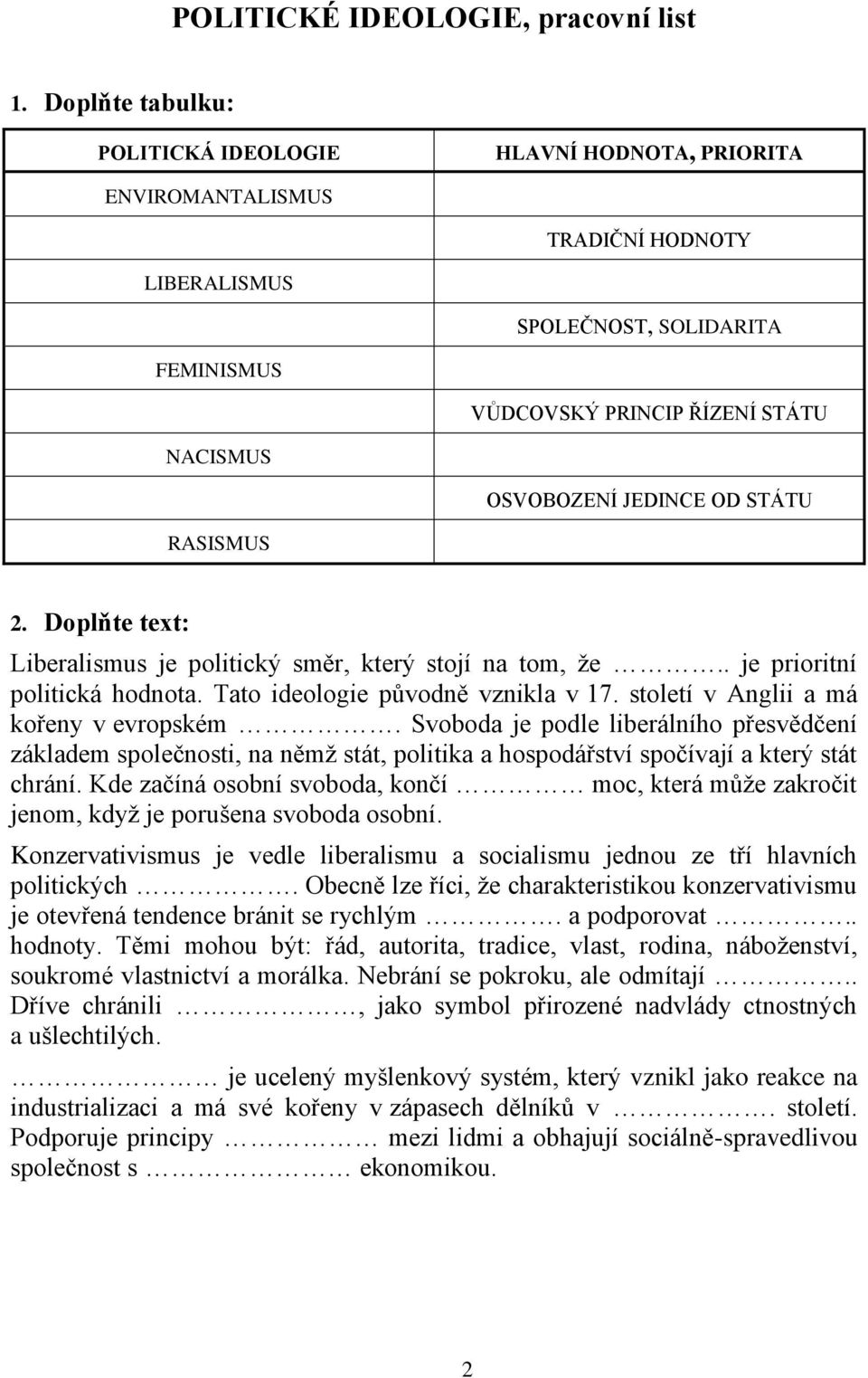 JEDINCE OD STÁTU RASISMUS 2. Doplňte text: Liberalismus je politický směr, který stojí na tom, že.. je prioritní politická hodnota. Tato ideologie původně vznikla v 17.