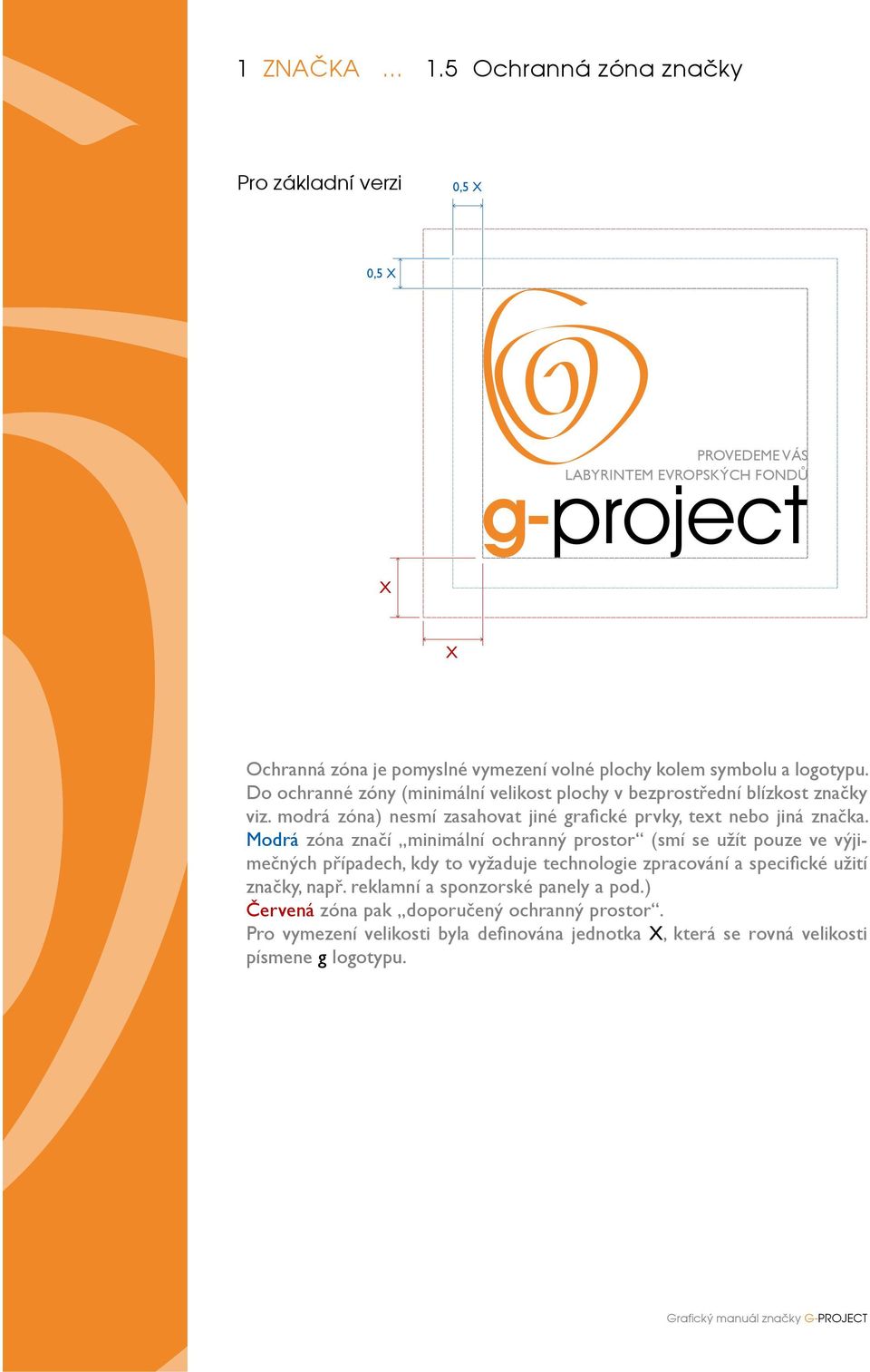 logotypu. Do ochranné zóny (minimální velikost plochy v bezprostřední blízkost značky viz. modrá zóna) nesmí zasahovat jiné grafi cké prvky, text nebo jiná značka.