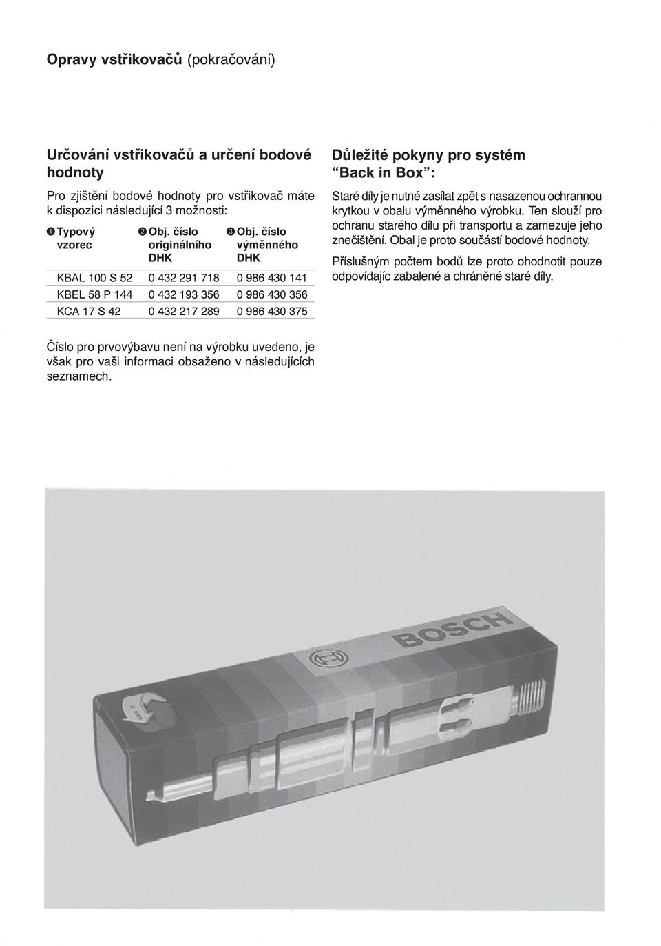 in Box : Staré díly je nutné zasílat zpìt s nasazenou ochrannou krytkou v obalu výmìnného výrobku. Ten slouží pro ochranu starého dílu pøi transportu a zamezuje jeho zneèištìní.