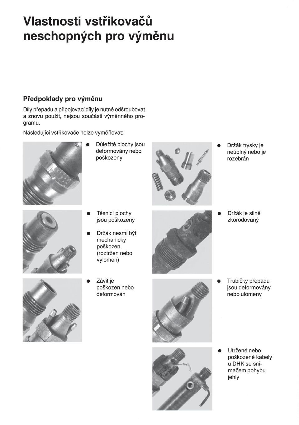 Následující vstøikovaèe nelze vymìòovat: Dùležité plochy jsou deformovány nebo poškozeny Držák trysky je neúplný nebo je rozebrán Tìsnicí