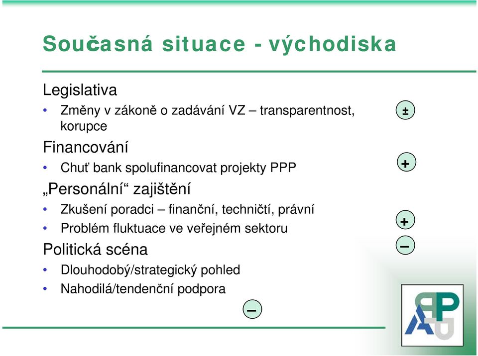 Personální zajištění Zkušení poradci finanční, techničtí, právní Problém fluktuace