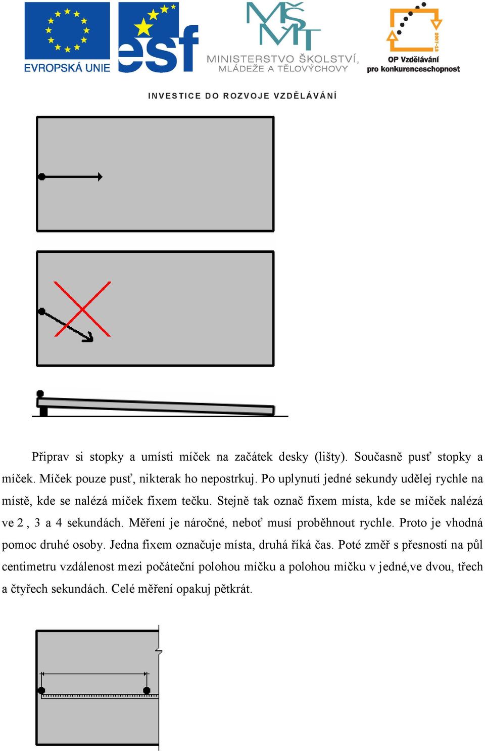 Stejně tak označ fixem místa, kde se míček nalézá ve 2, 3 a 4 sekundách. Měření je náročné, neboť musí proběhnout rychle.