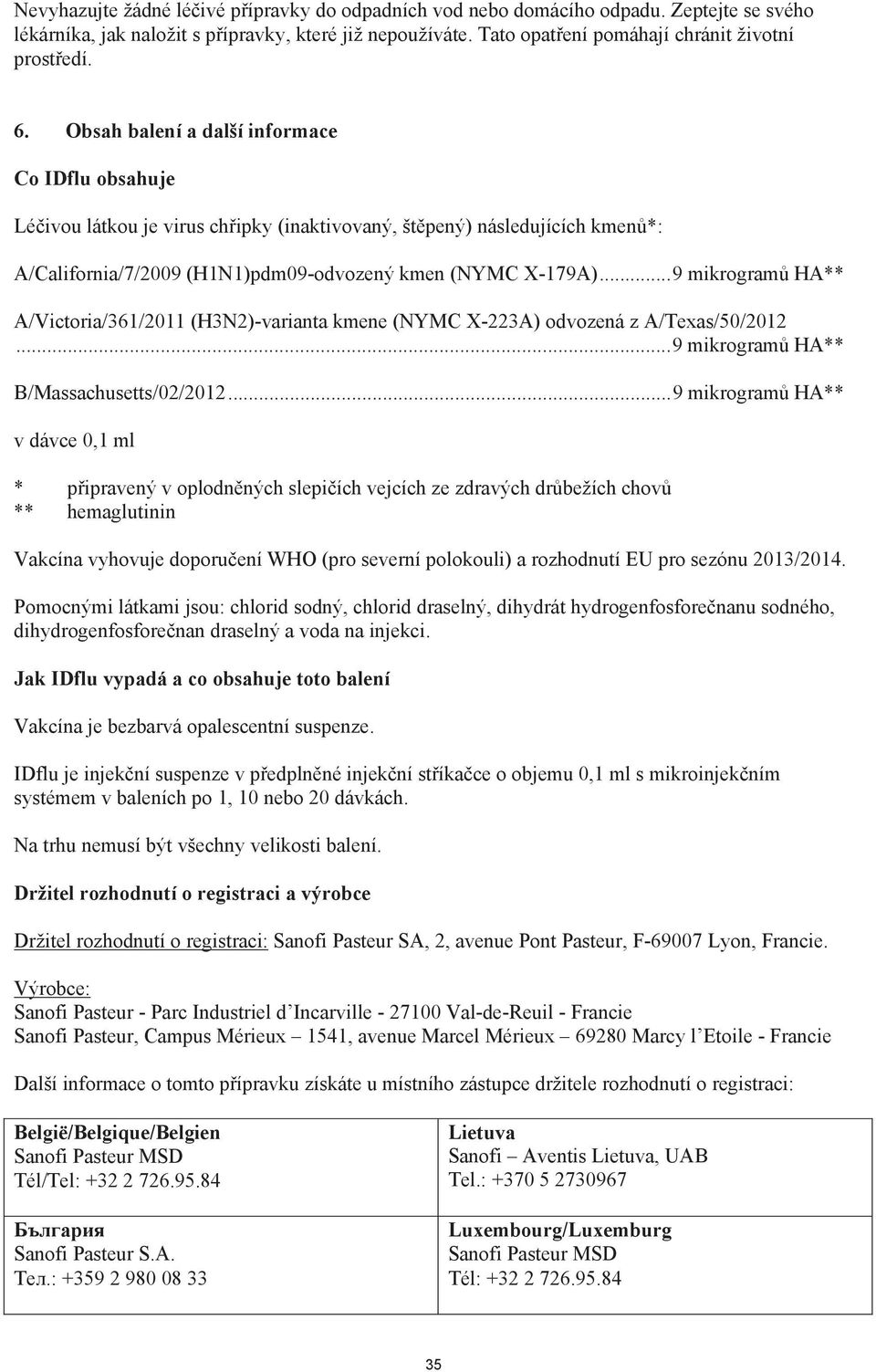 ..9 mikrogram HA** A/Victoria/361/2011 (H3N2)-varianta kmene (NYMC X-223A) odvozená z A/Texas/50/2012...9 mikrogram HA** B/Massachusetts/02/2012.