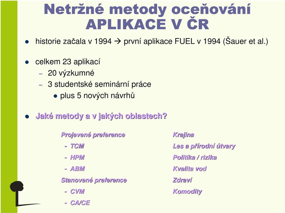 ) celkem 23 aplikací 20 výzkumné 3 studentské seminární práce plus 5 nových návrhů Jaké metody