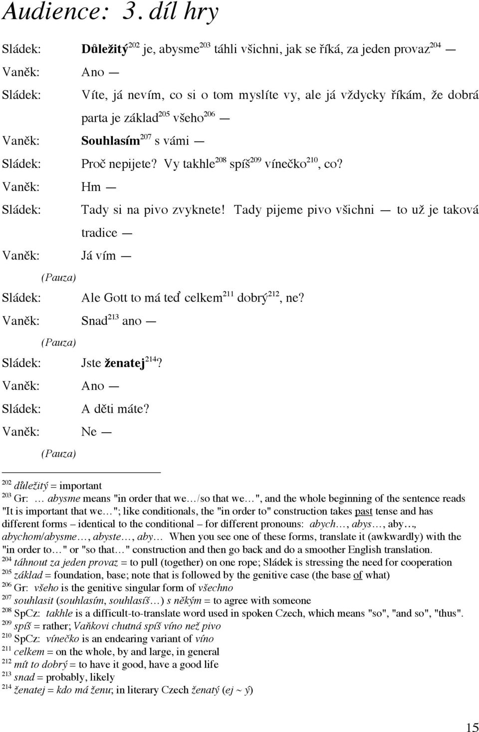 205 všeho 206 Vaněk: Souhlasím 207 s vámi Sládek: Proč nepijete? Vy takhle 208 spíš 209 vínečko 210, co? Vaněk: Hm Sládek: Tady si na pivo zvyknete!