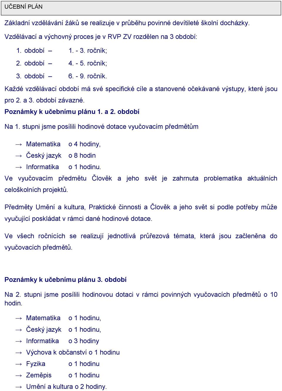 období Na 1. stupni jsme posílili hodinové dotace vyučovacím předmětům Matematika o 4 hodiny, Český jazyk o 8 hodin Informatika o 1 hodinu.
