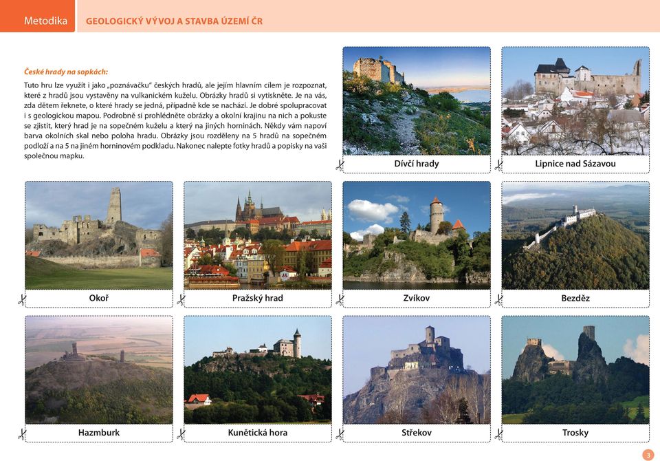 Podrobně si prohlédněte obrázky a okolní krajinu na nich a pokuste se zjistit, který hrad je na sopečném kuželu a který na jiných horninách.