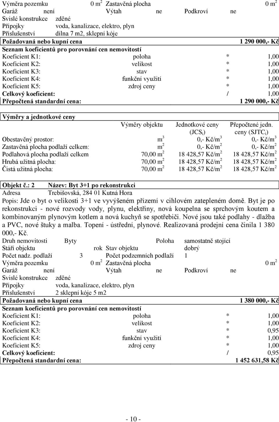 Koeficient K5: zdroj ceny * 1,00 Celkový koeficient: / 1,00 Přepočtená standardní cena: 1 290 000,- Kč Výměry a jednotkové ceny Výměry objektu Jednotkové ceny (JCS i ) Přepočtené jedn.