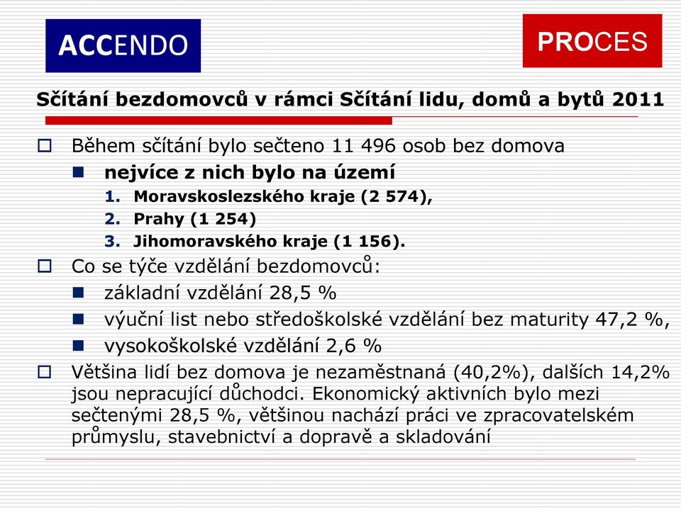 Co se týče vzdělání bezdomovců: základní vzdělání 28,5 % výuční list nebo středoškolské vzdělání bez maturity 47,2 %, vysokoškolské vzdělání 2,6 %