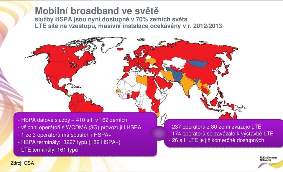 2012/2013 - HSPA datové služby 410 sítí v 162 zemích - všichni operátoři s WCDMA (3G) provozují i HSPA - 1 ze 3