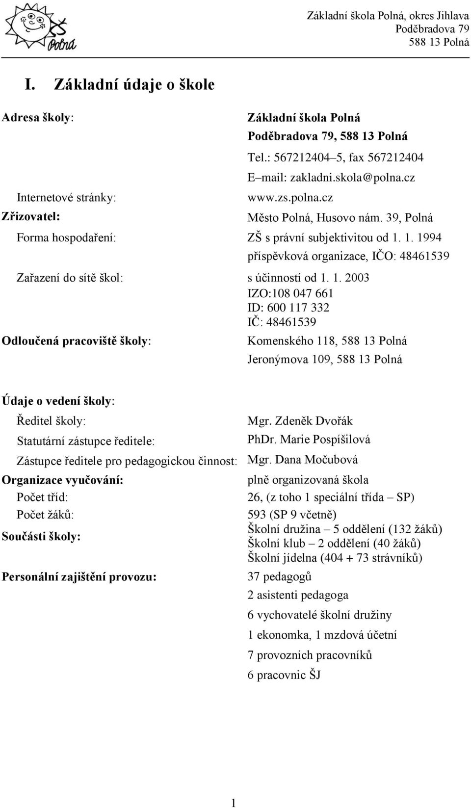 1. 1994 příspěvková organizace, IČO: 48461539 Zařazení do sítě škol: s účinností od 1. 1. 2003 IZO:108 047 661 ID: 600 117 332 IČ: 48461539 Odloučená pracoviště školy: Komenského 118, Jeronýmova 109, Údaje o vedení školy: Ředitel školy: Statutární zástupce ředitele: Mgr.