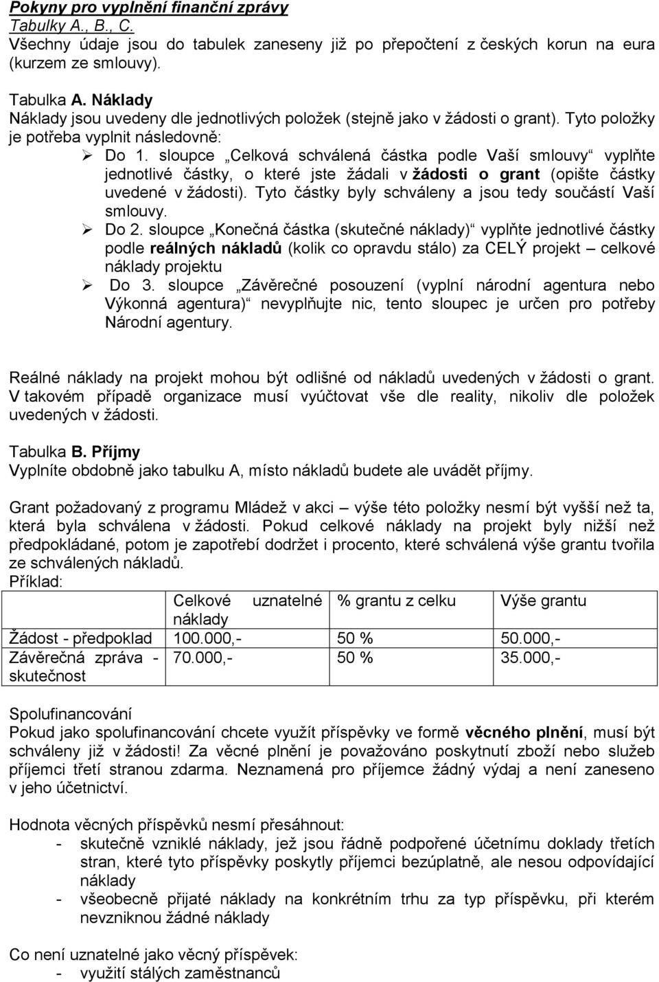 sloupce Celková schválená částka podle Vaší smlouvy vyplňte jednotlivé částky, o které jste žádali v žádosti o grant (opište částky uvedené v žádosti).