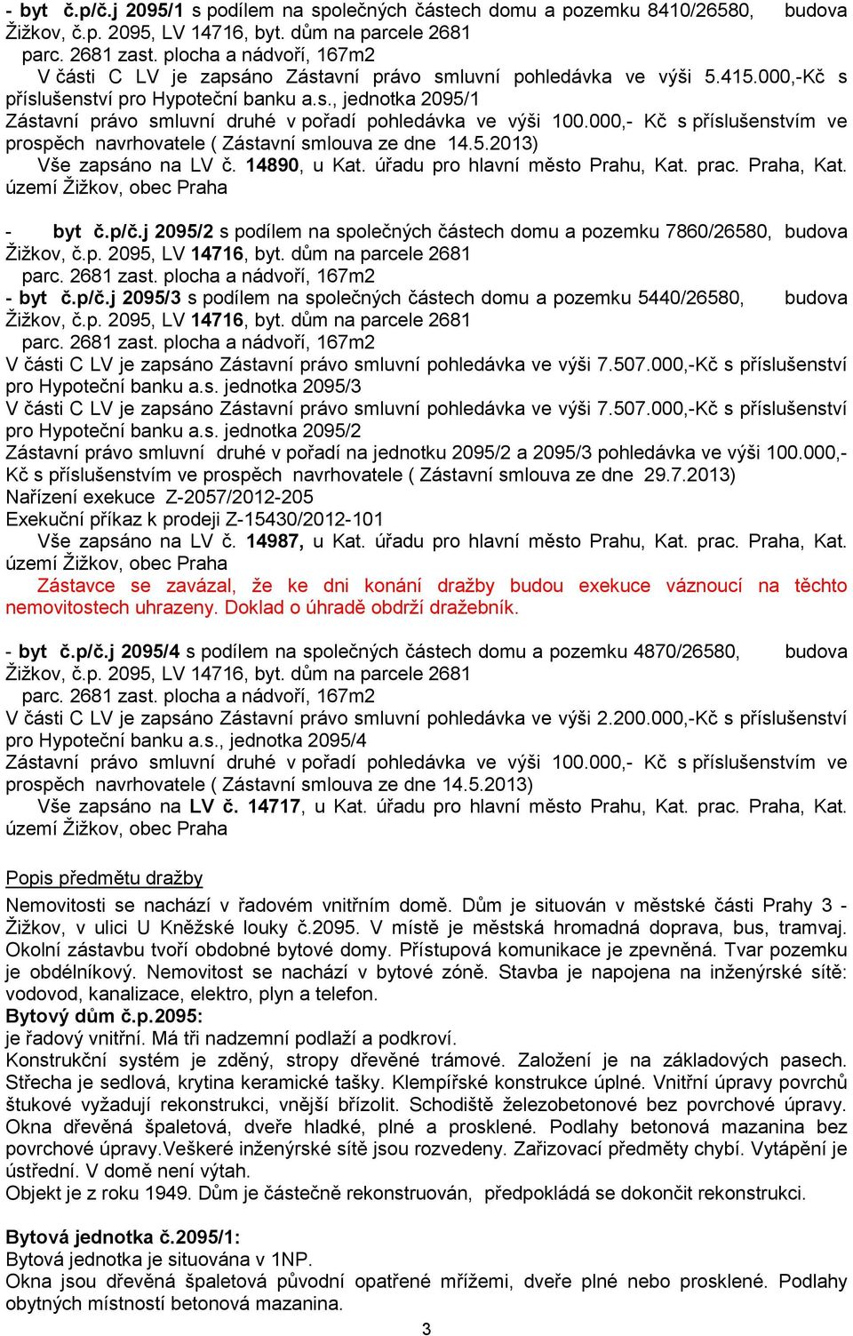 000,- Kč s příslušenstvím ve prospěch navrhovatele ( Zástavní smlouva ze dne 14.5.2013) Vše zapsáno na LV č. 14890, u Kat. úřadu pro hlavní město Prahu, Kat. prac. Praha, Kat.