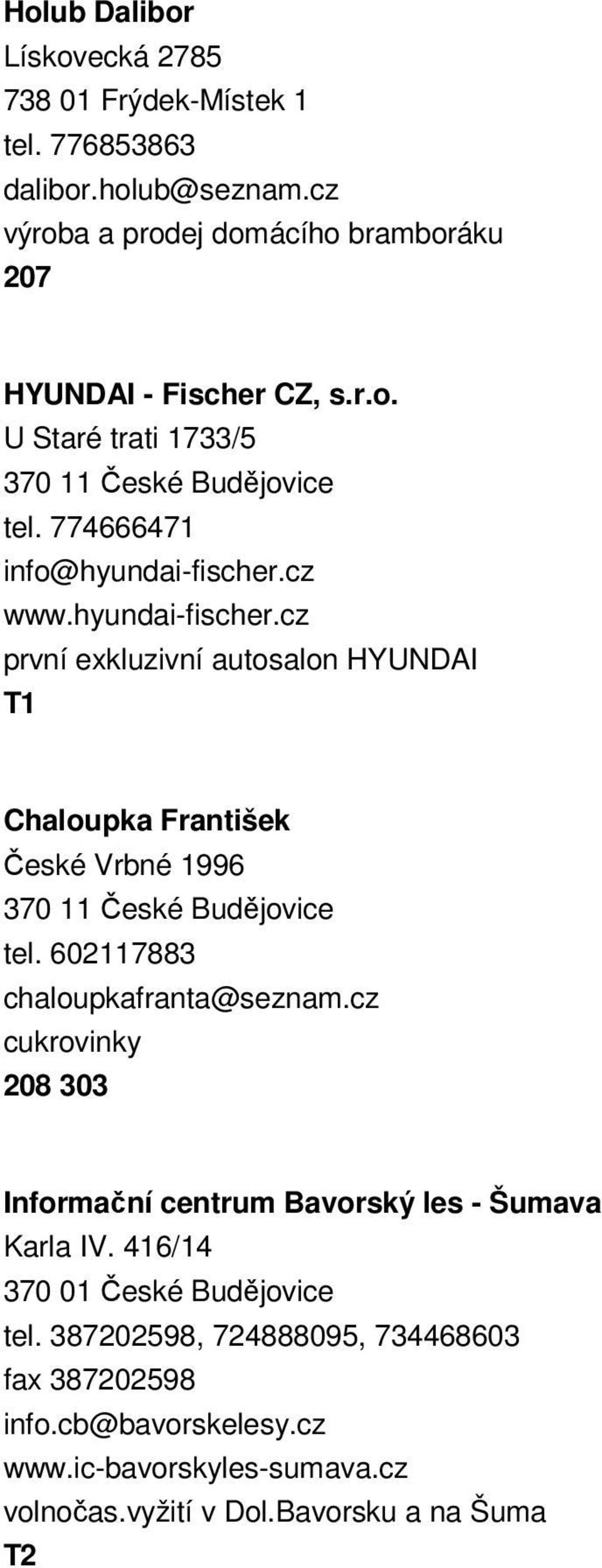 602117883 chaloupkafranta@seznam.cz cukrovinky 208 303 Informační centrum Bavorský les - Šumava Karla IV. 416/14 tel.