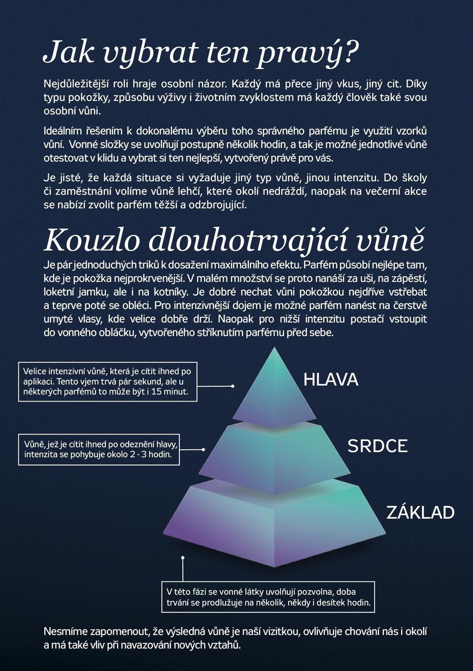 Vonné složky se uvolňují postupně několik hodin, a tak je možné jednotlivé vůně otestovat v klidu a vybrat si ten nejlepší, vytvořený právě pro vás.