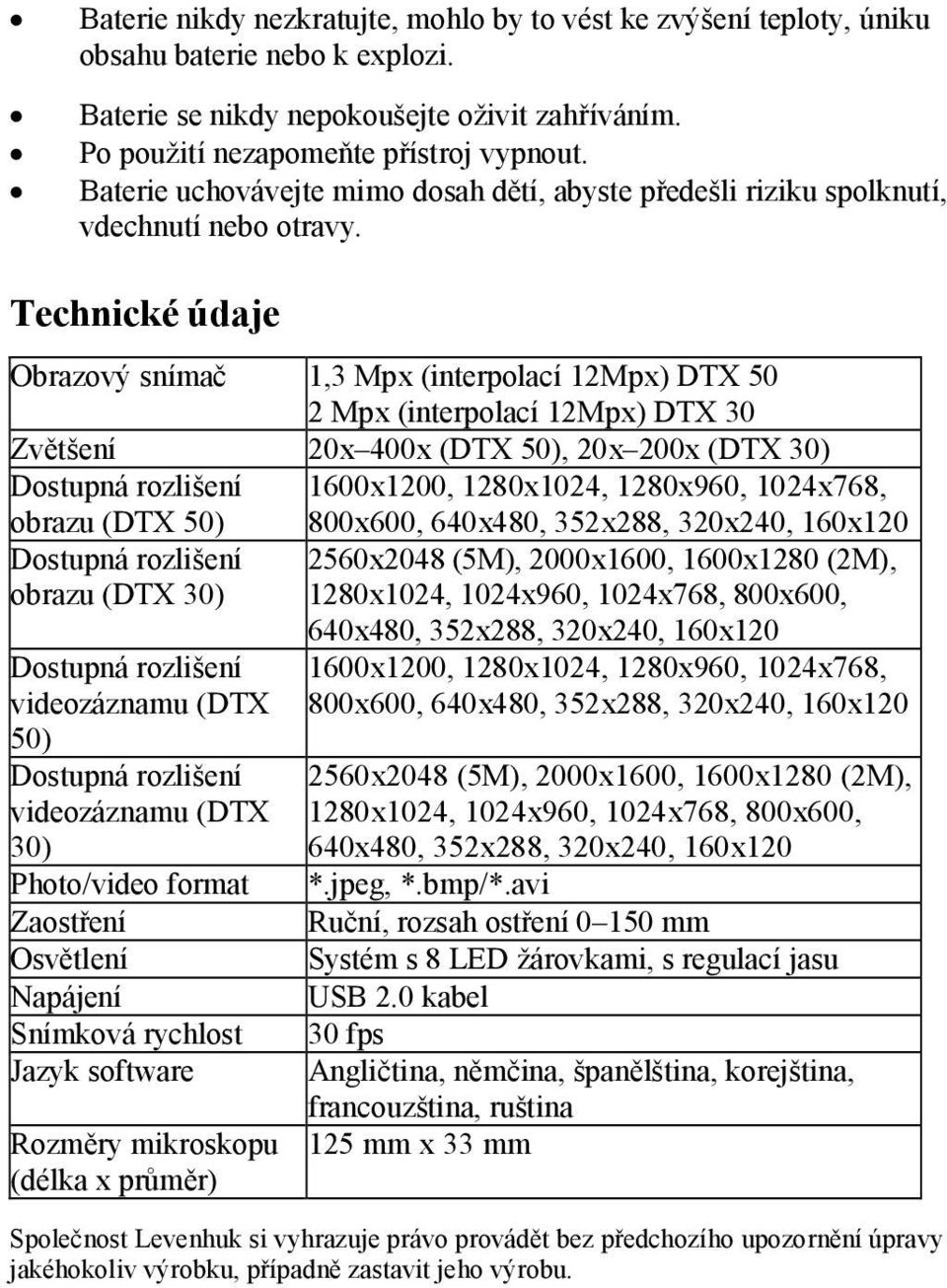 Technické údaje Obrazový snímač 1,3 Mpx (interpolací 12Mpx) DTX 50 2 Mpx (interpolací 12Mpx) DTX 30 Zvětšení 20x 400x (DTX 50), 20х 200х (DTX 30) Dostupná rozlišení 1600x1200, 1280x1024, 1280x960,