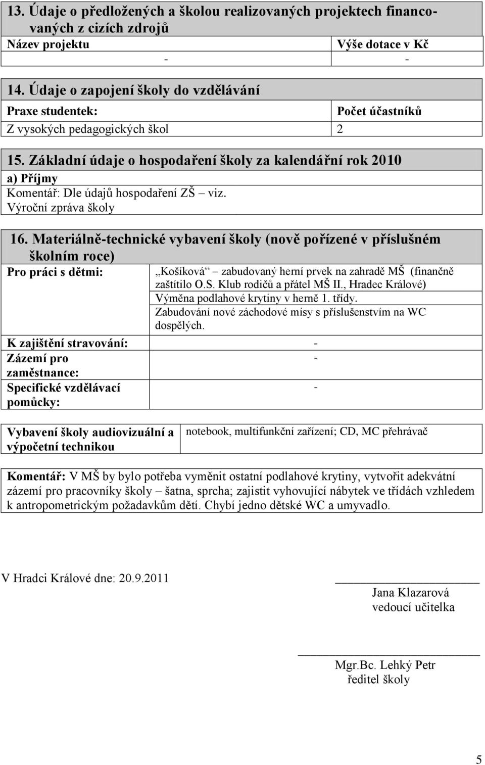 Základní údaje o hospodaření školy za kalendářní rok 2010 a) Příjmy Komentář: Dle údajů hospodaření ZŠ viz. Výroční zpráva školy 16.