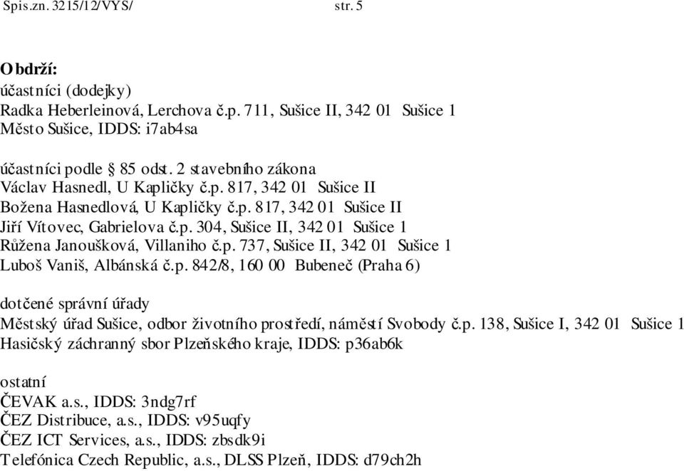 p. 737, Sušice II, 342 01 Sušice 1 Luboš Vaniš, Albánská č.p. 842/8, 160 00 Bubeneč (Praha 6) dotčené správní úřady Městský úřad Sušice, odbor životního prostředí, náměstí Svobody č.p. 138, Sušice I, 342 01 Sušice 1 Hasičský záchranný sbor Plzeňského kraje, IDDS: p36ab6k ostatní ČEVAK a.