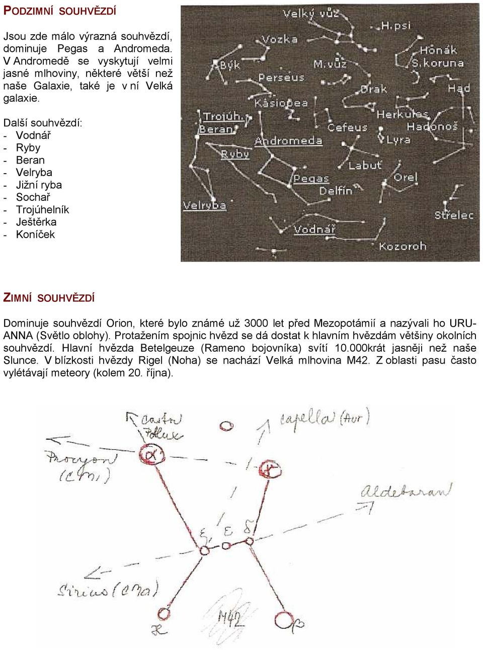 Další souhvězdí: - Vodnář - Ryby - Beran - Velryba - Jižní ryba - Sochař - Trojúhelník - Ještěrka - Koníček ZIMNÍ SOUHVĚZDÍ Dominuje souhvězdí Orion, které bylo známé už 3000 let