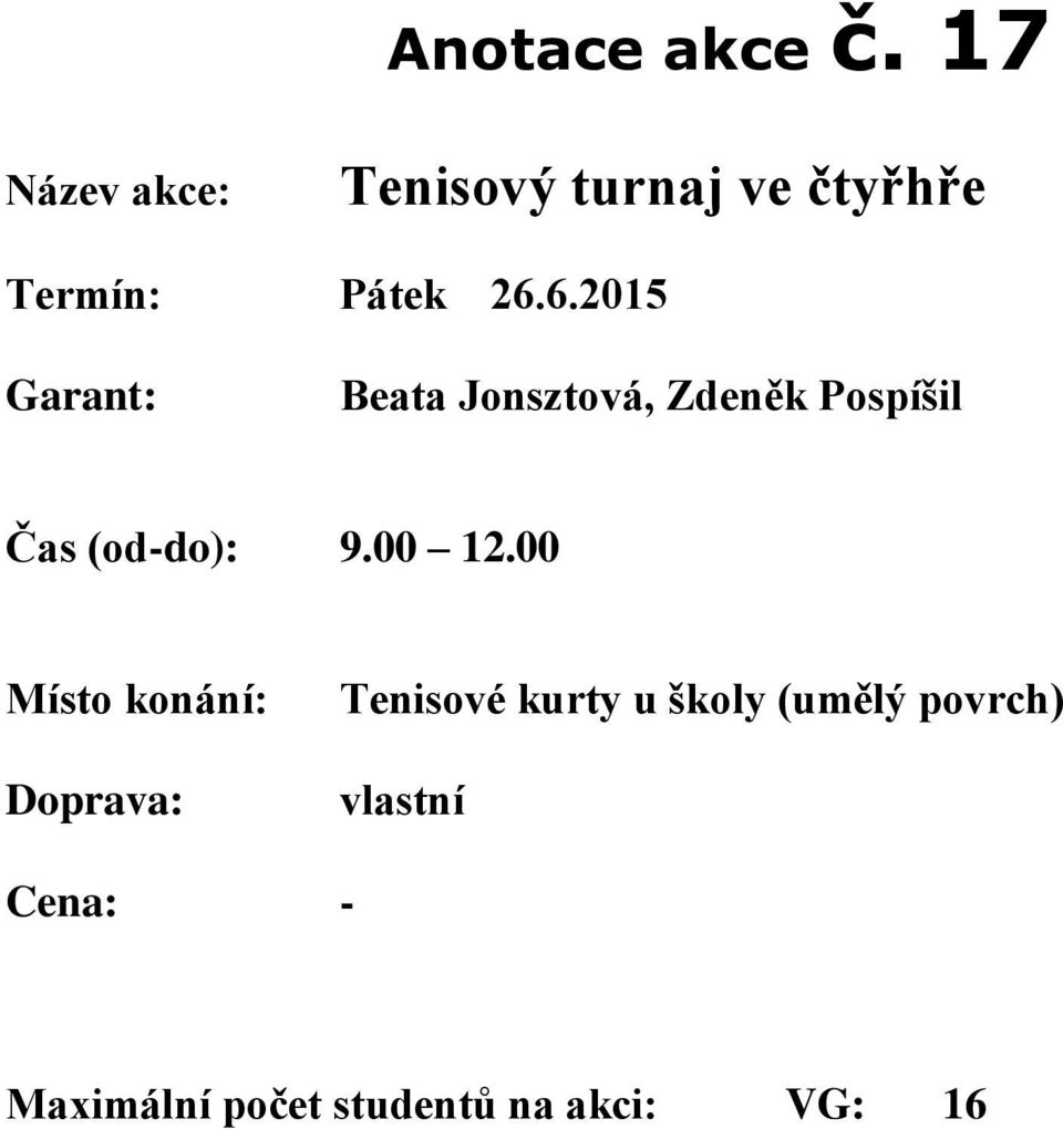 6.2015 Beata Jonsztová, Zdeněk Pospíšil Čas (od-do):