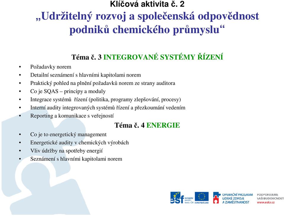 auditora Co je SQAS principy a moduly Integrace systémů řízení (politika, programy zlepšování, procesy) Interní audity