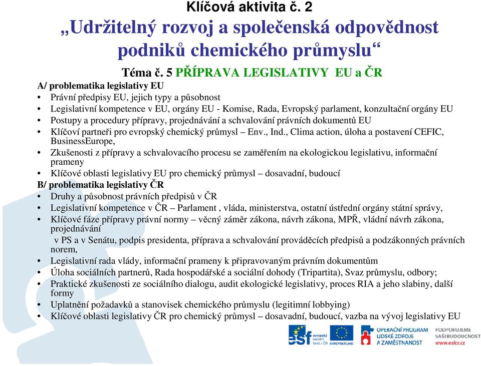 orgány EU Postupy a procedury přípravy, projednávání a schvalování právních dokumentů EU Klíčoví partneři pro evropský chemický průmysl Env., Ind.