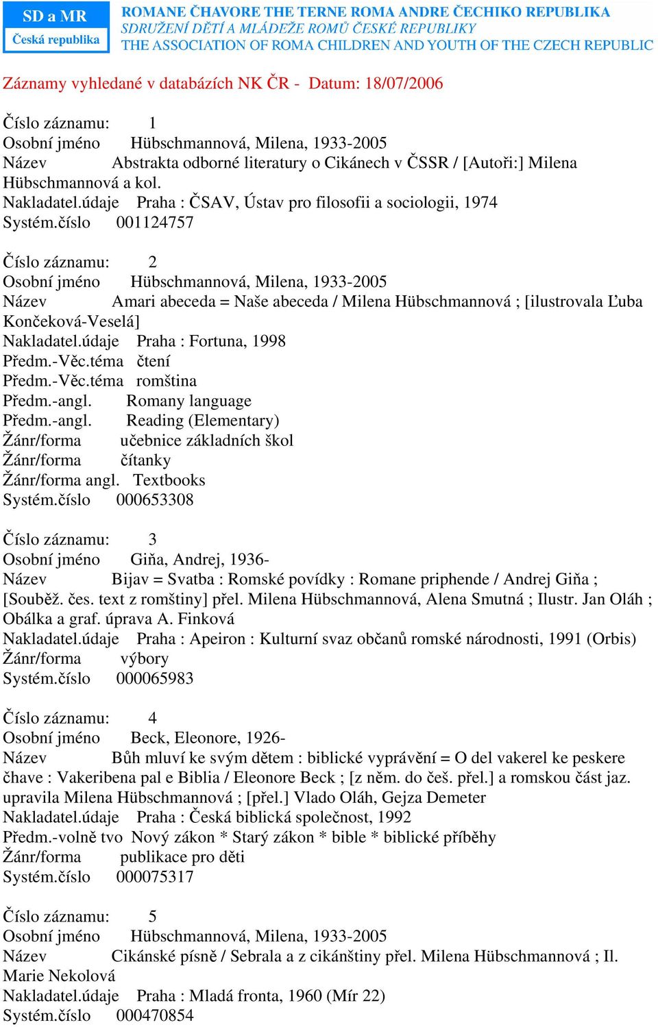 číslo 001124757 Číslo záznamu: 2 Název Amari abeceda = Naše abeceda / Milena Hübschmannová ; [ilustrovala Ľuba Končeková-Veselá] Nakladatel.údaje Praha : Fortuna, 1998 Předm.-Věc.téma čtení Předm.