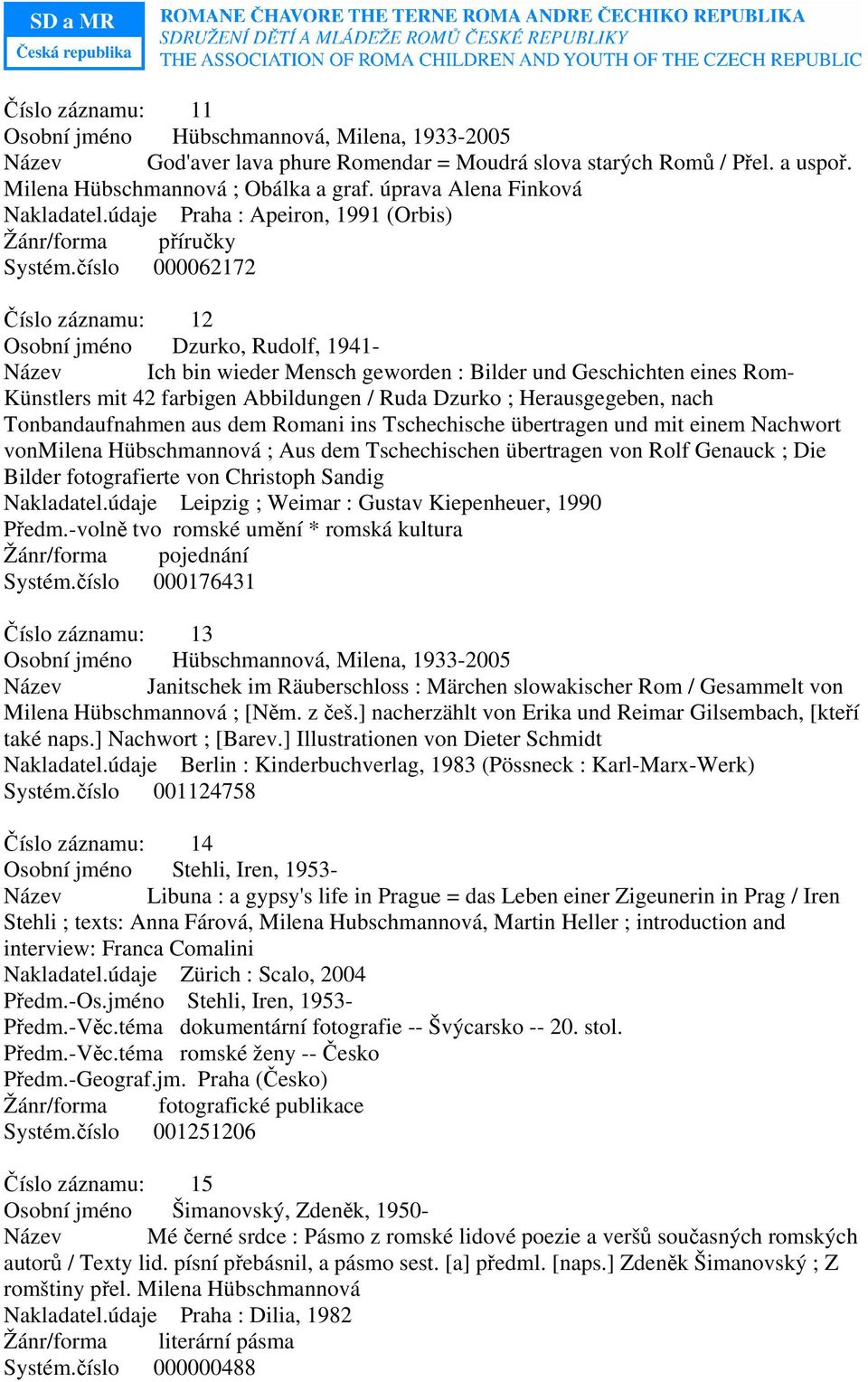 číslo 000062172 Číslo záznamu: 12 Osobní jméno Dzurko, Rudolf, 1941- Název Ich bin wieder Mensch geworden : Bilder und Geschichten eines Rom- Künstlers mit 42 farbigen Abbildungen / Ruda Dzurko ;