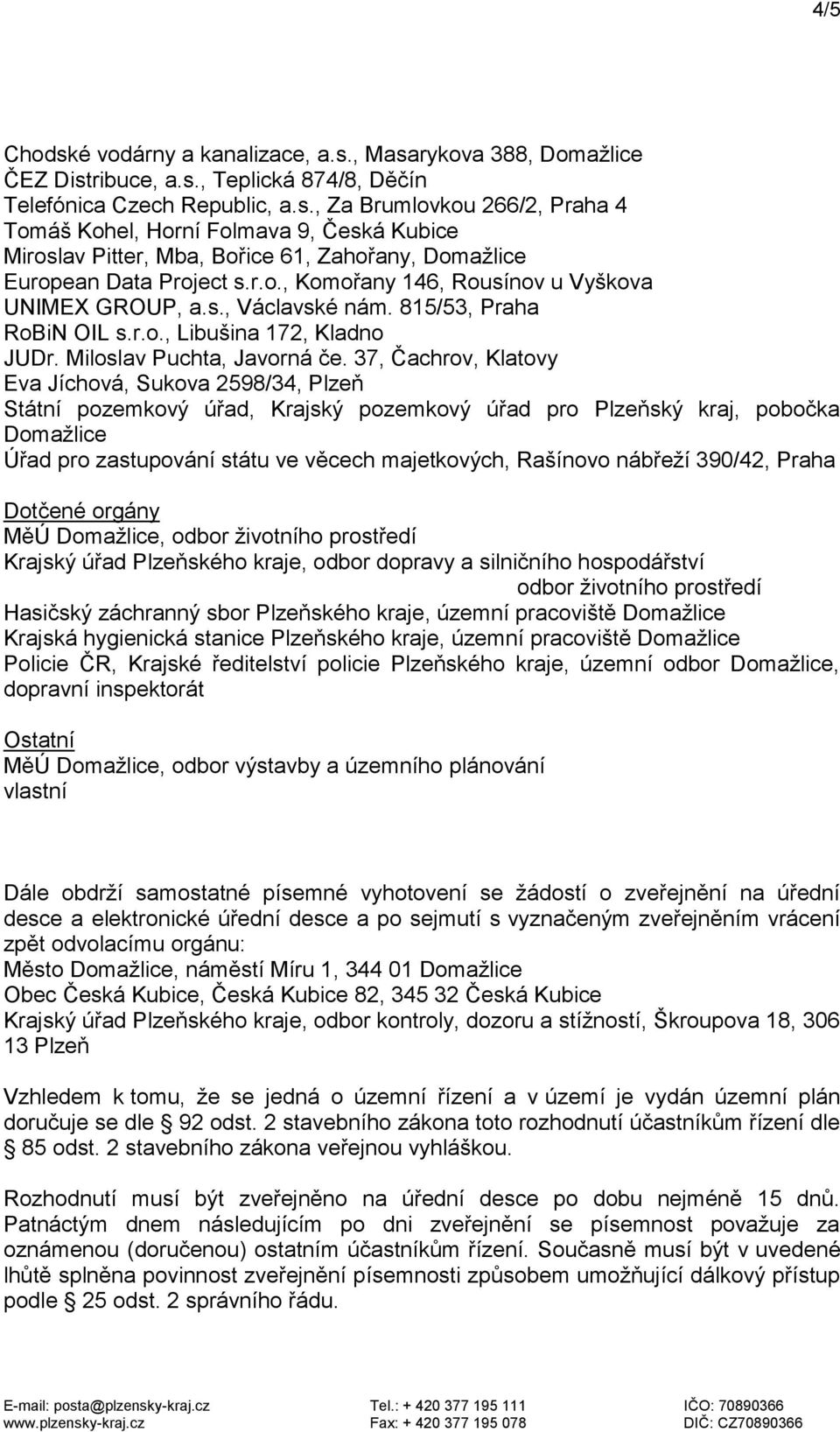 37, Čachrov, Klatovy Eva Jíchová, Sukova 2598/34, Plzeň Státní pozemkový úřad, Krajský pozemkový úřad pro Plzeňský kraj, pobočka Domažlice Úřad pro zastupování státu ve věcech majetkových, Rašínovo