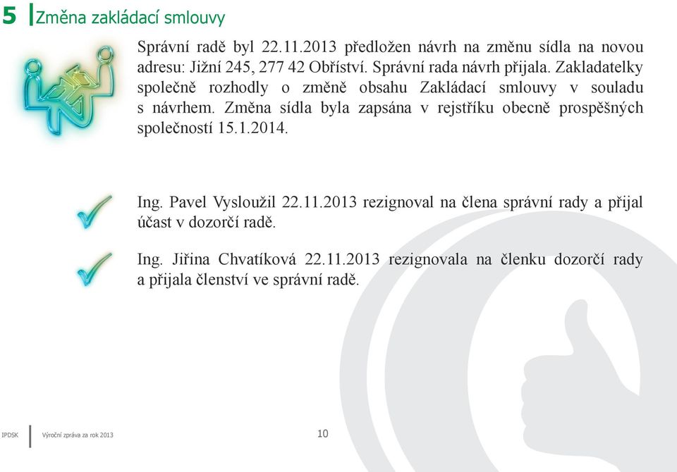 Změna sídla byla zapsána v rejstříku obecně prospěšných společností 15.1.2014. Ing. Pavel Vysloužil 22.11.