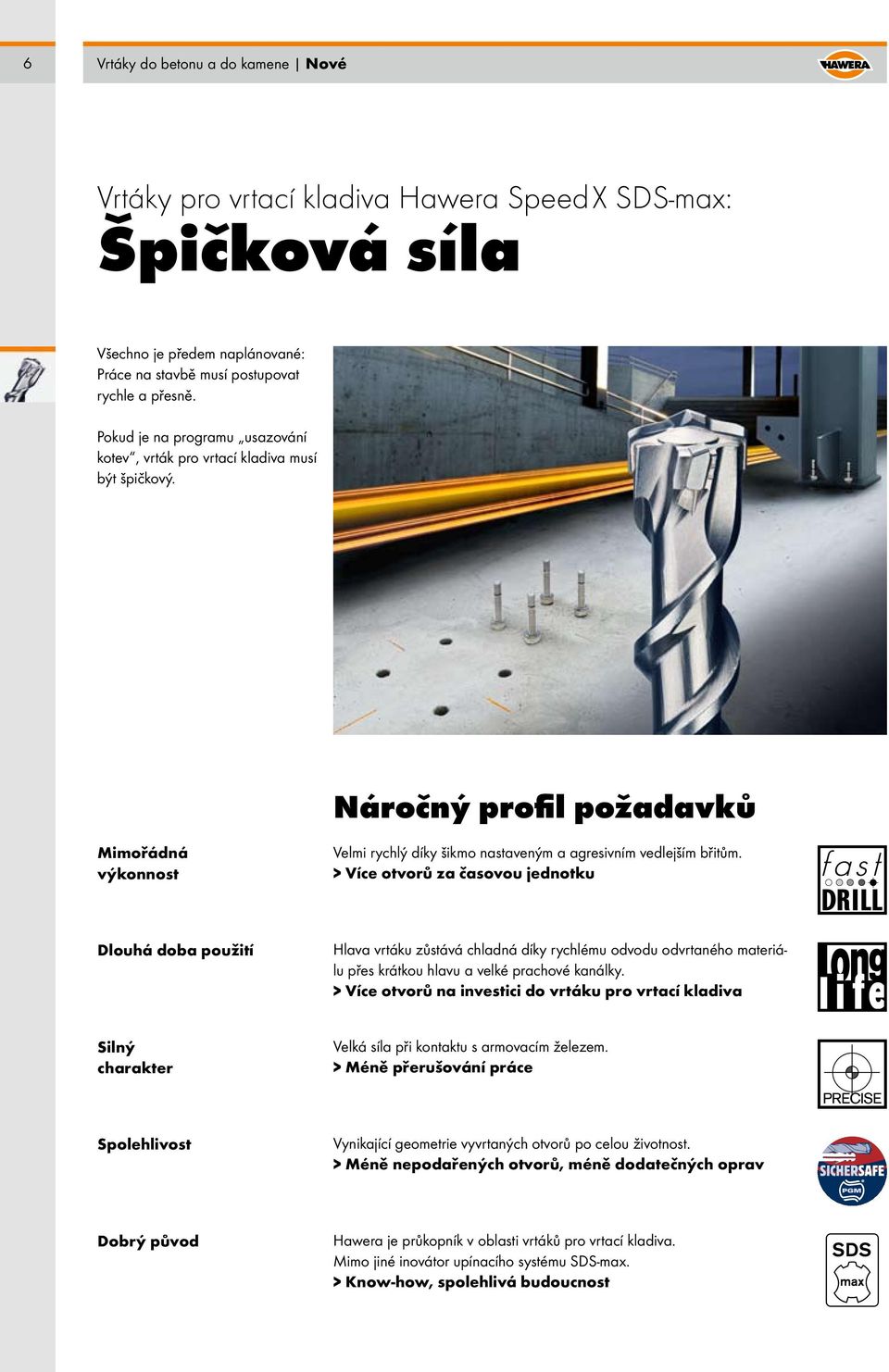 > Více otvorů za časovou jednotku Dlouhá doba použití Hlava vrtáku zůstává chladná díky rychlému odvodu odvrtaného materiálu přes krátkou hlavu a velké prachové kanálky.