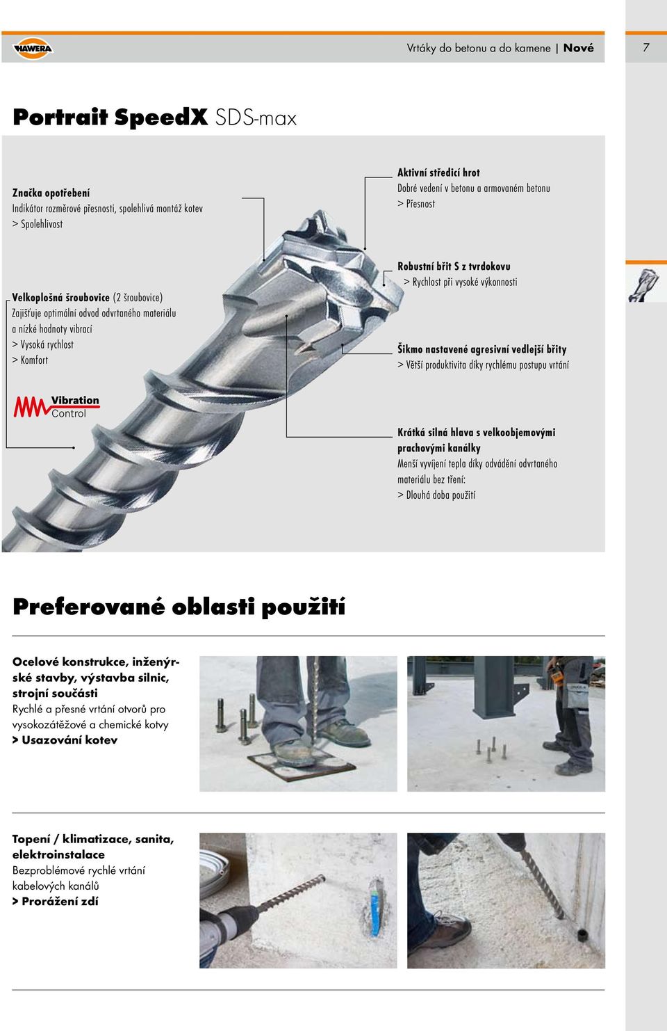 Rychlost při vysoké výkonnosti Šikmo nastavené agresivní vedlejší břity > Větší produktivita díky rychlému postupu vrtání Krátká silná hlava s velkoobjemovými prachovými kanálky Menší vyvíjení tepla