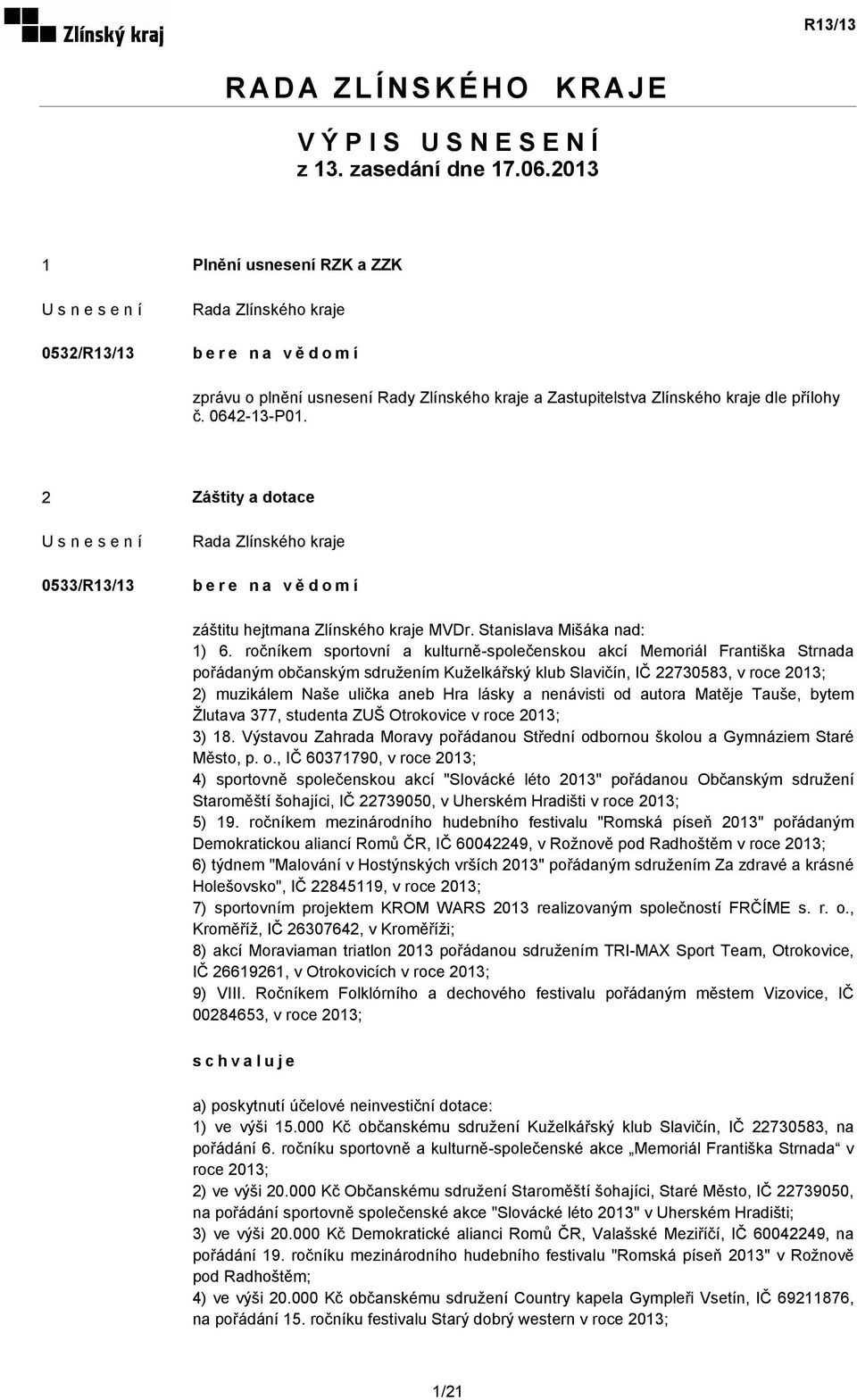 2 Záštity a dotace 0533/R13/13 bere na vědomí záštitu hejtmana Zlínského kraje MVDr. Stanislava Mišáka nad: 1) 6.