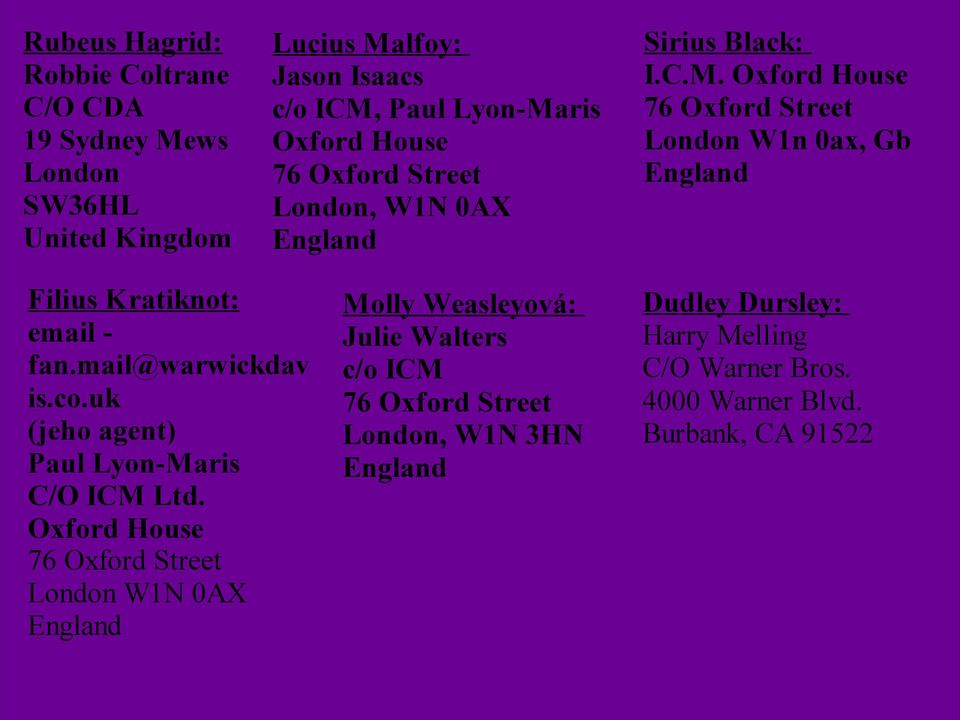 Oxford House 76 Oxford Street London W1n 0ax, Gb Filius Kratiknot: email - fan.mail@warwickdav is.co.