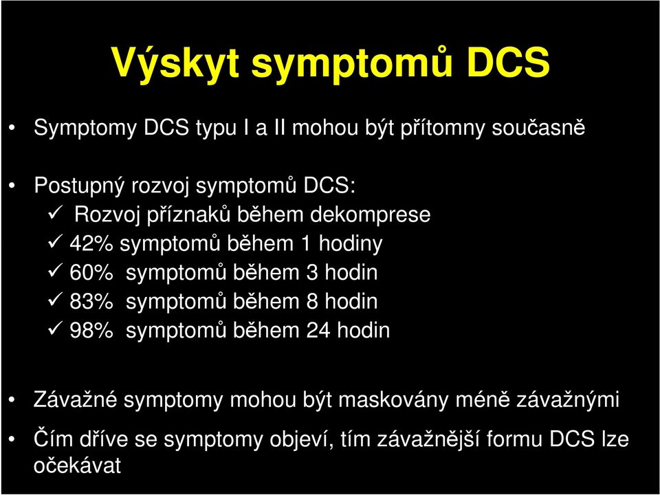 během 3 hodin 83% symptomů během 8 hodin 98% symptomů během 24 hodin Závažné symptomy mohou