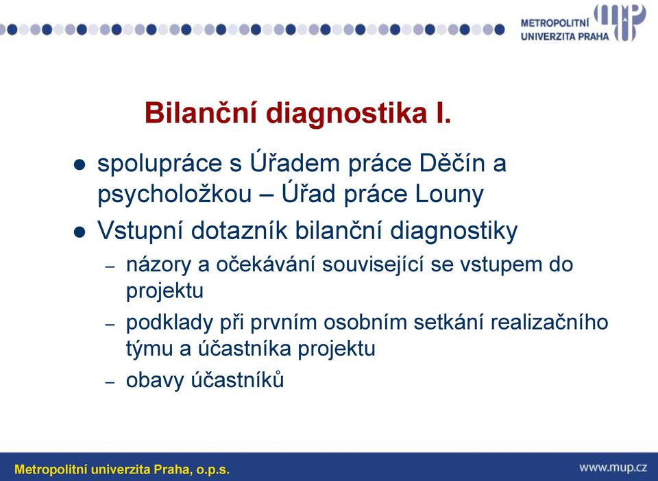 Vstupní dotazník bilanční diagnostiky názory a očekávání