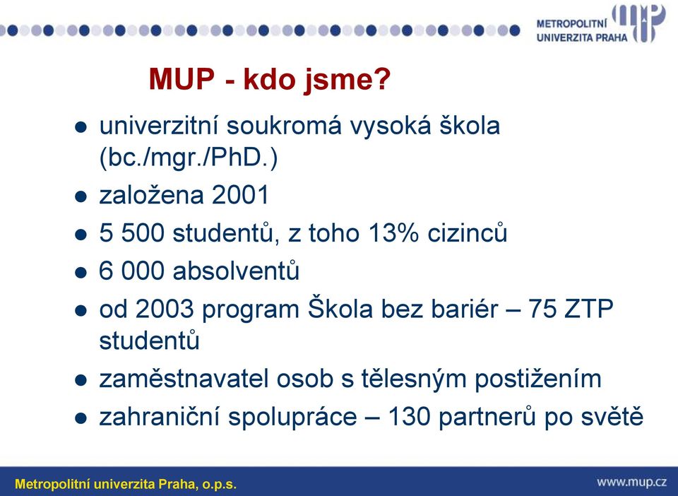 absolventů od 2003 program Škola bez bariér 75 ZTP studentů