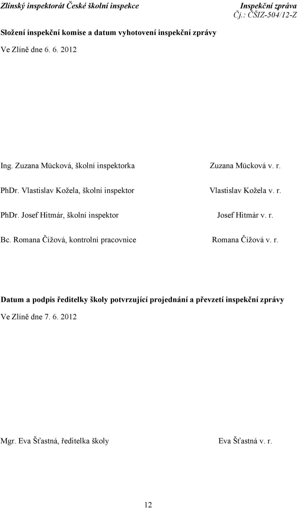 r. Bc. Romana Čížová, kontrolní pracovnice Romana Čížová v. r.