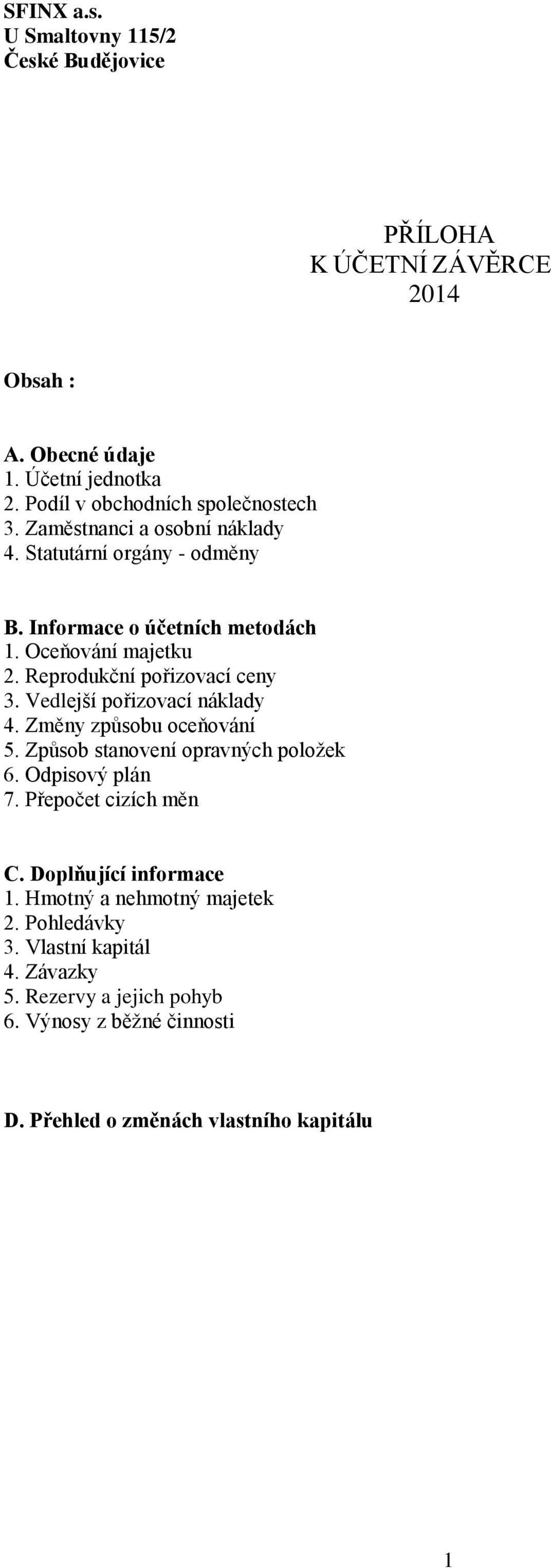 Vedlejší pořizovací náklady 4. Změny způsobu oceňování 5. Způsob stanovení opravných položek 6. Odpisový plán 7. Přepočet cizích měn C.