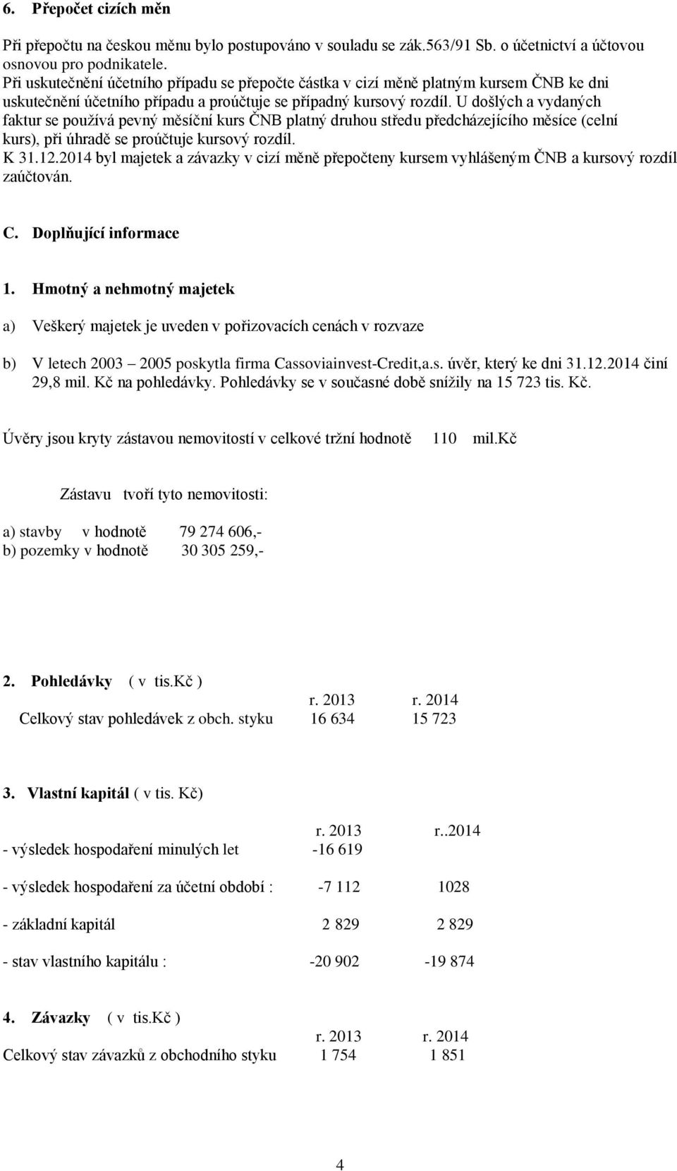 U došlých a vydaných faktur se používá pevný měsíční kurs ČNB platný druhou středu předcházejícího měsíce (celní kurs), při úhradě se proúčtuje kursový rozdíl. K 31.12.