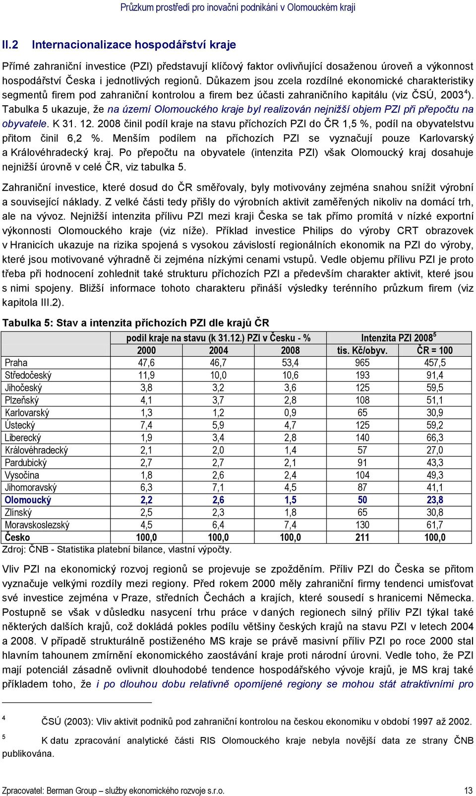 Tabulka 5 ukazuje, že na území Olomouckého kraje byl realizován nejnižší objem PZI při přepočtu na obyvatele. K 31. 12.