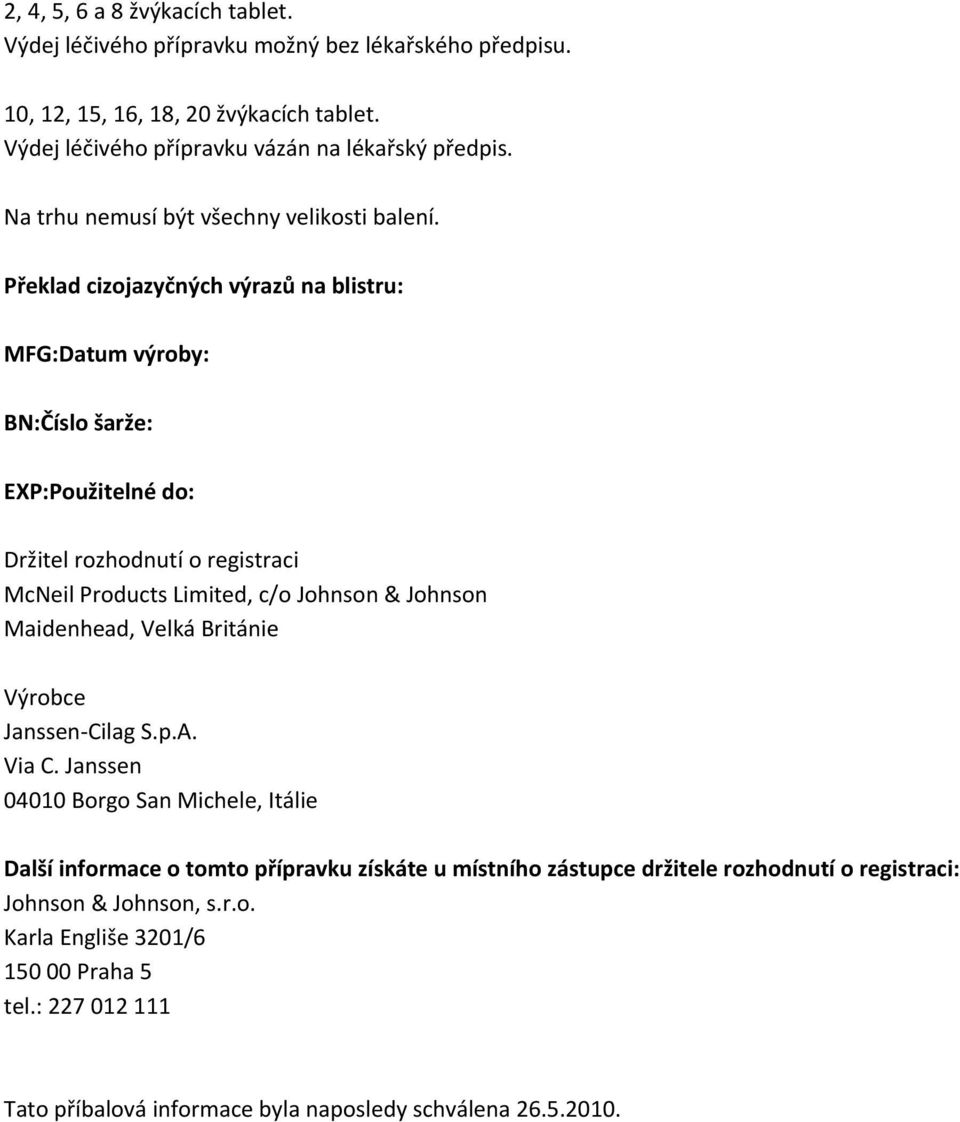 Překlad cizojazyčných výrazů na blistru: MFG:Datum výroby: BN:Číslo šarže: EXP:Použitelné do: Držitel rozhodnutí o registraci McNeil Products Limited, c/o Johnson & Johnson Maidenhead,