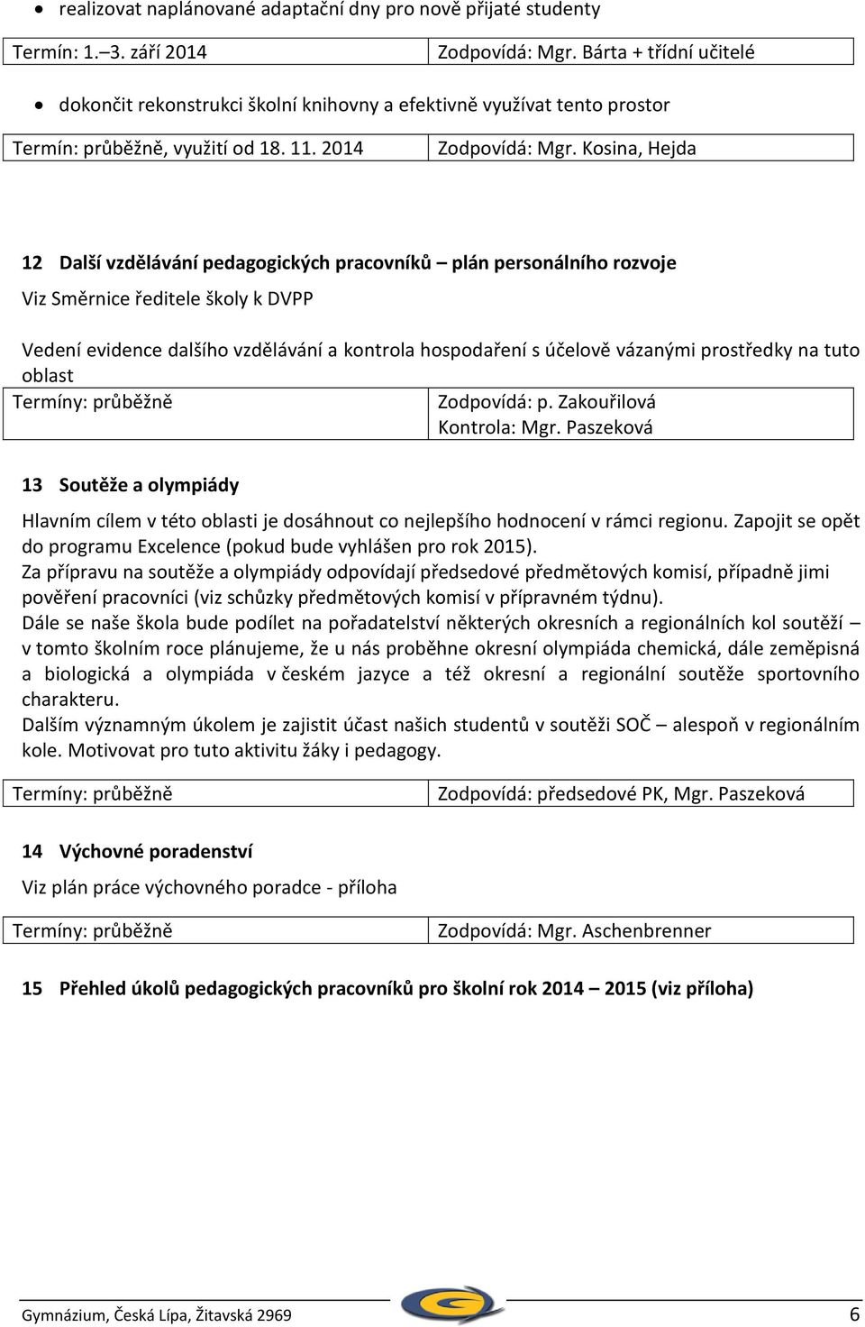 Kosina, Hejda 12 Další vzdělávání pedagogických pracovníků plán personálního rozvoje Viz Směrnice ředitele školy k DVPP Vedení evidence dalšího vzdělávání a kontrola hospodaření s účelově vázanými